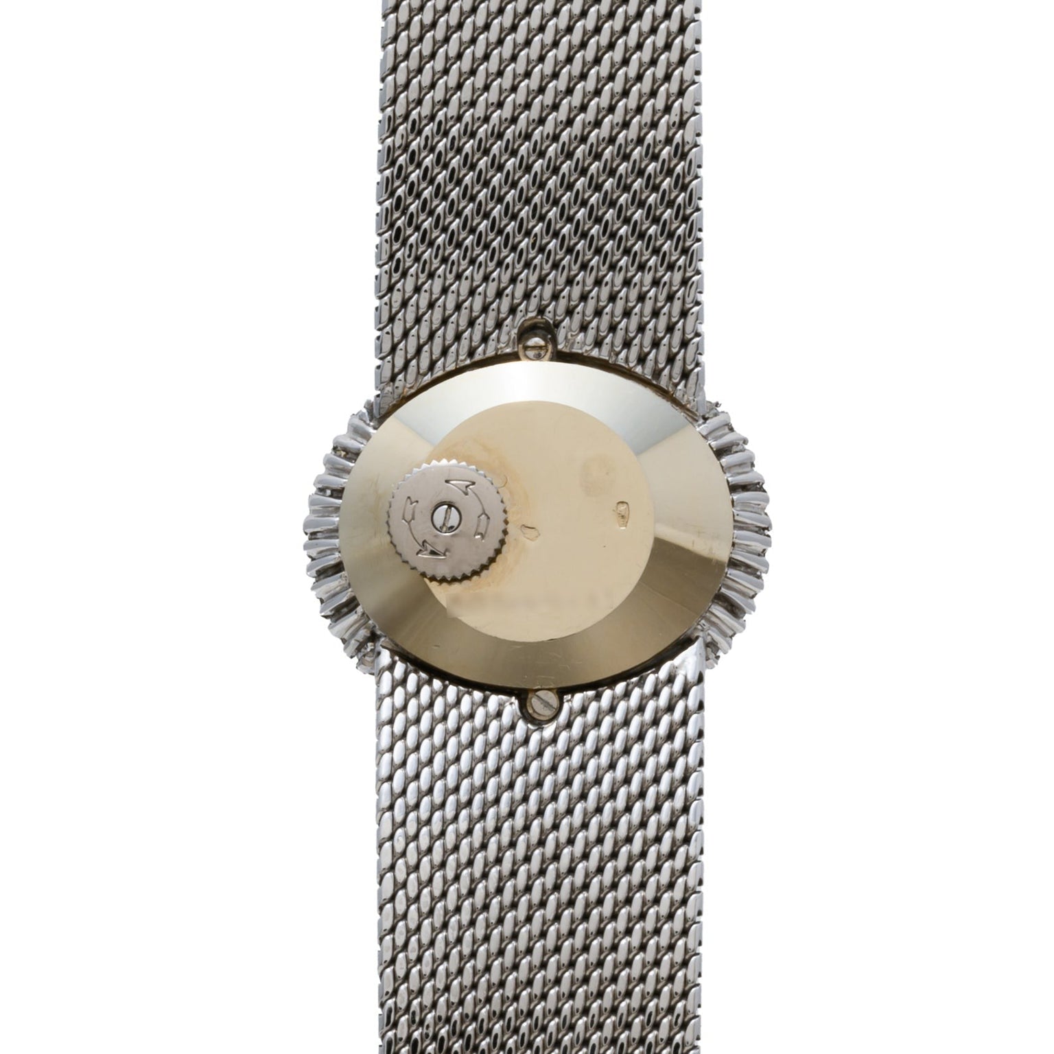 Vacheron Constantin White Gold Diamond Bezel watch featuring an oval face, silver mesh strap, crown on the left, and a minimalist design without visible hour or minute markers.