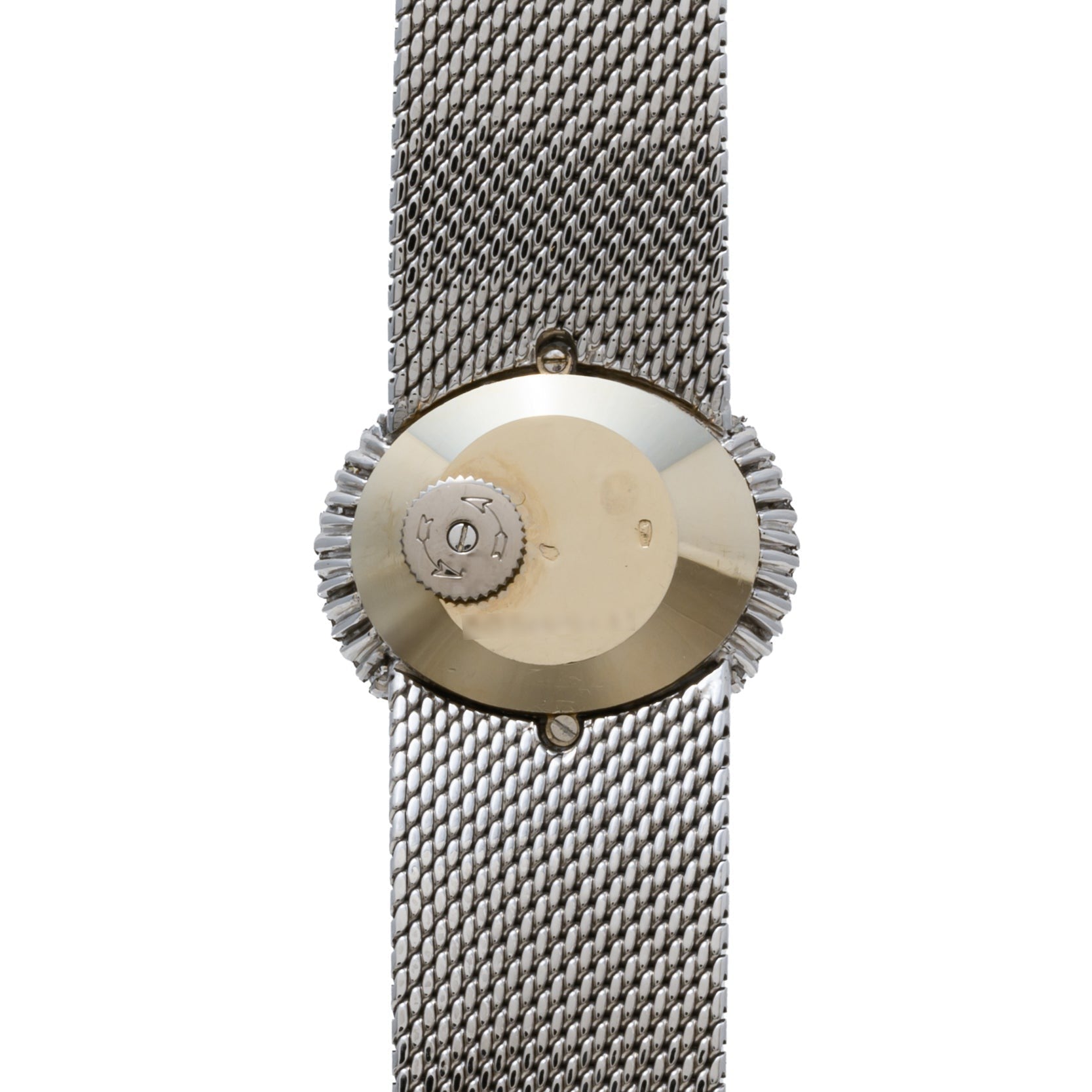Vacheron Constantin White Gold Diamond Bezel watch featuring an oval face, silver mesh strap, crown on the left, and a minimalist design without visible hour or minute markers.