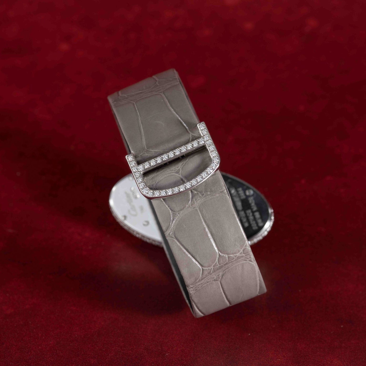 The Cartier Libre Hypnose features a gray leather strap and a diamond-encrusted buckle, showcased against a red textured background.