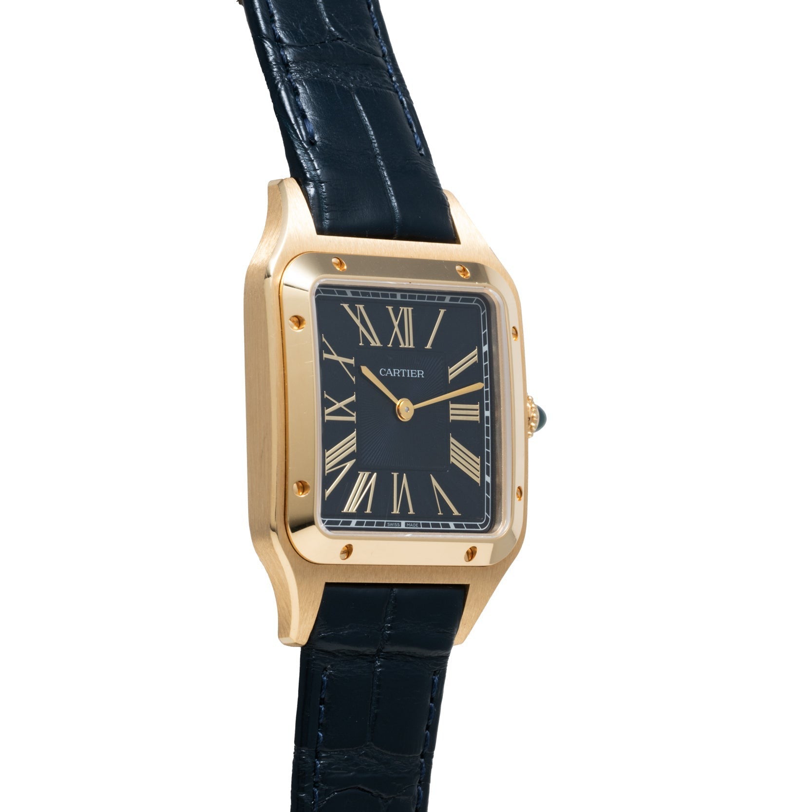 The Cartier Santos Dumont wristwatch features a square black face with Roman numerals and a black leather strap.