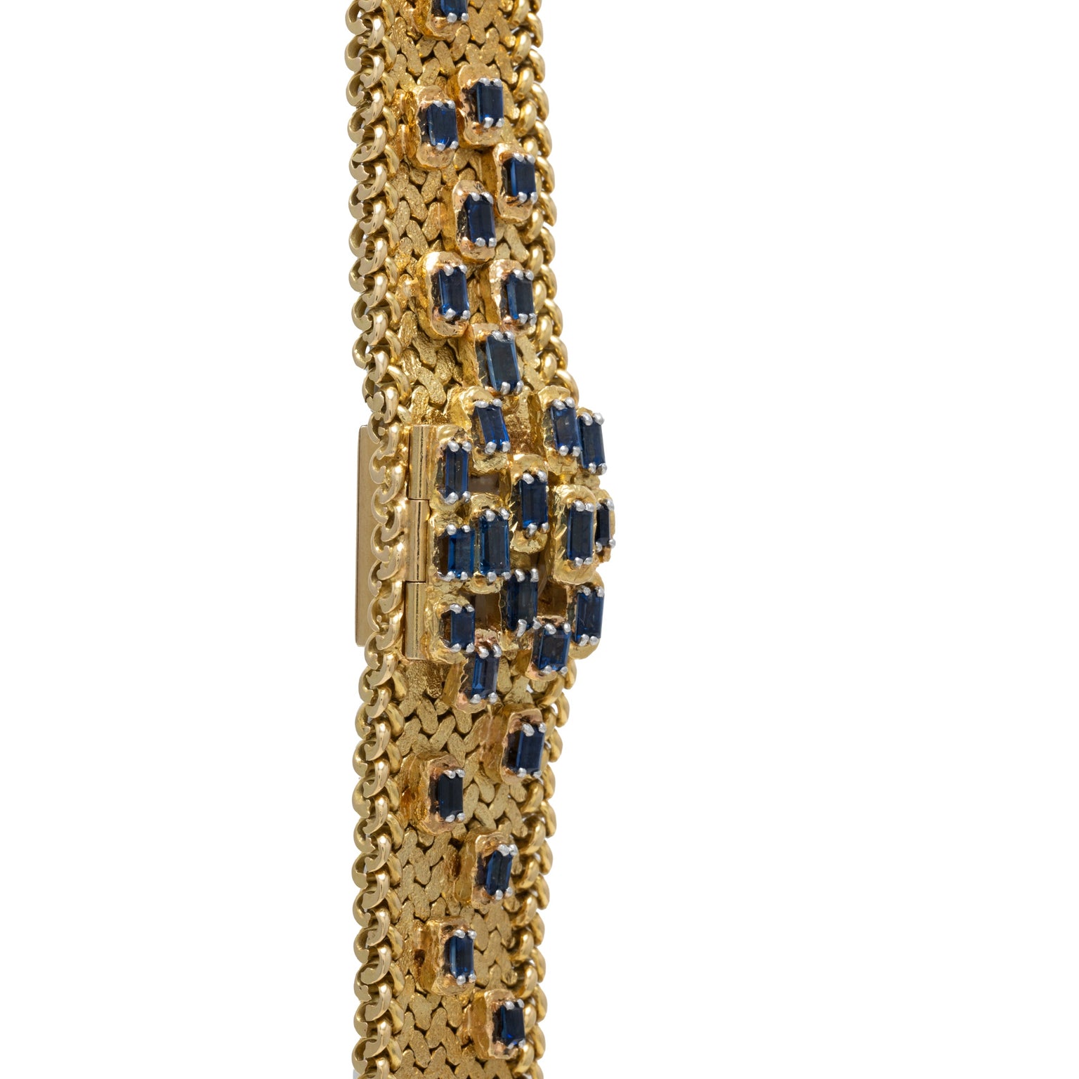 Yellow Gold Integrated Dress Watch by Patek Philippe, featuring woven gold links and a central cluster of rectangular blue gemstones.