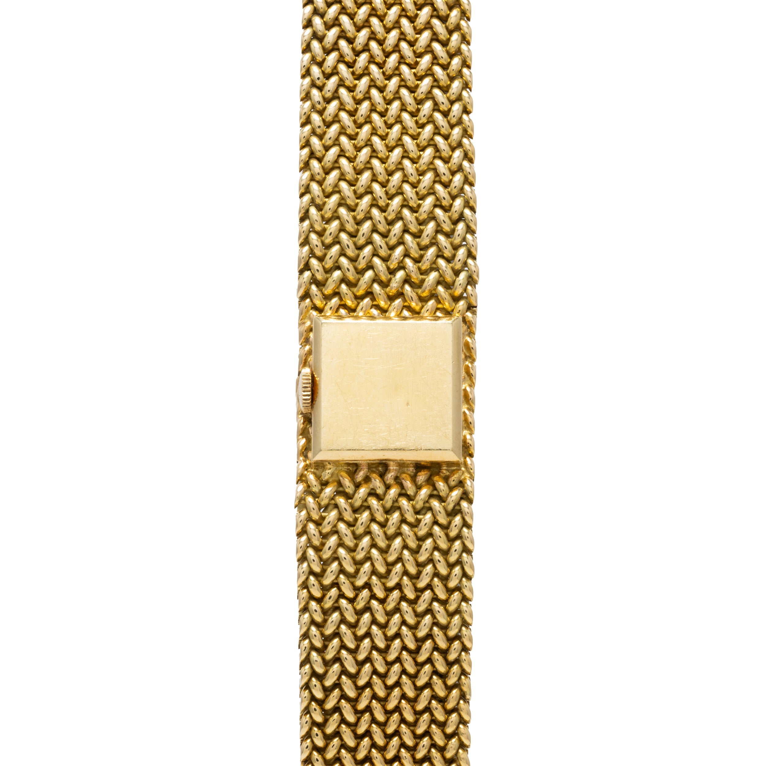 Patek Philippe Yellow Gold Integrated Dress Watch displayed vertically against a white background, showcasing its gold mesh bracelet and square clasp.
