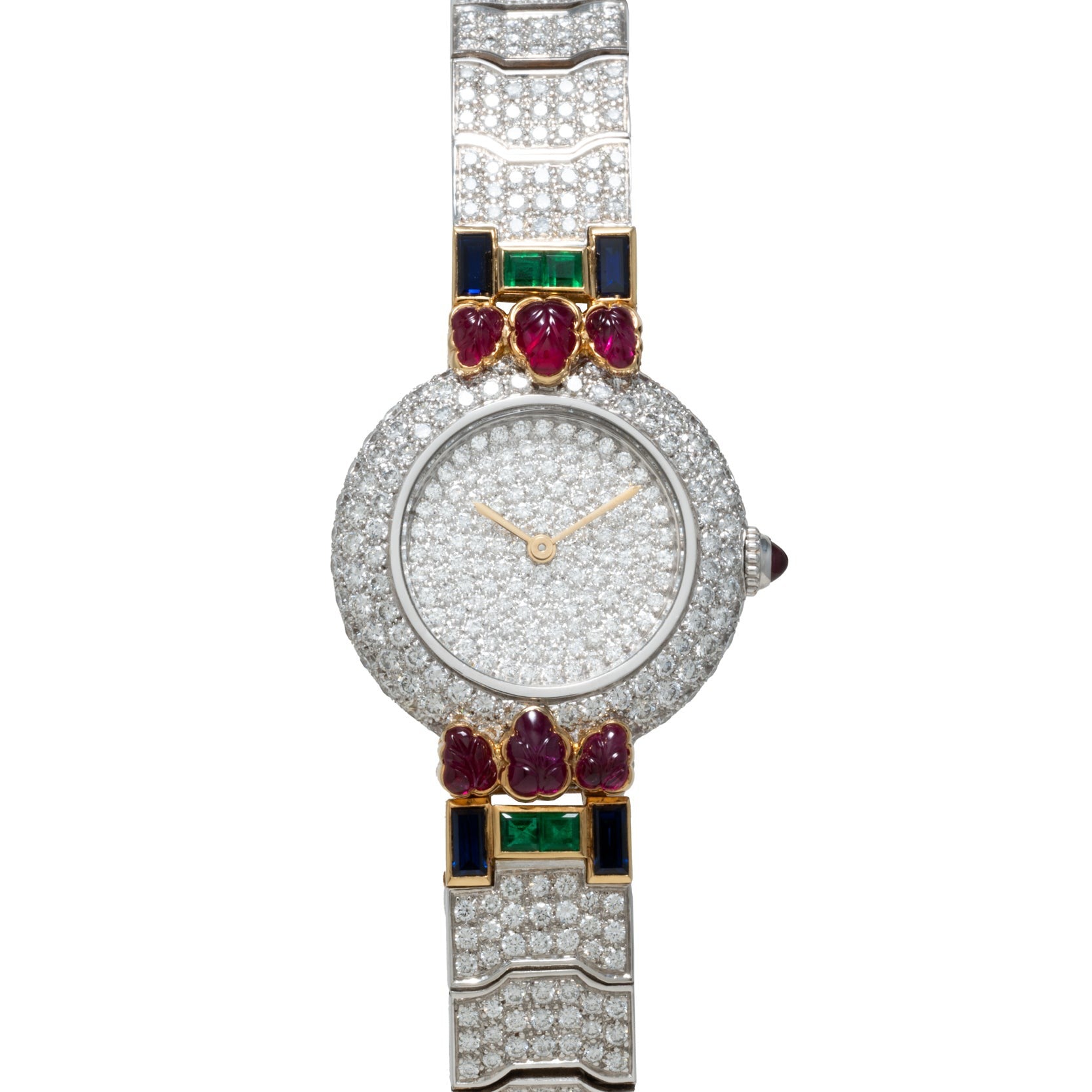 The Cartier Colisee Tutti Frutti Diamond features a diamond-encrusted bezel with colorful square and leaf-shaped gemstones and gold hands.