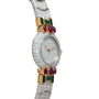 The Cartier Colisee Tutti Frutti Diamond watch features a diamond-encrusted face, gold accents, and red, green, and blue gemstone details.