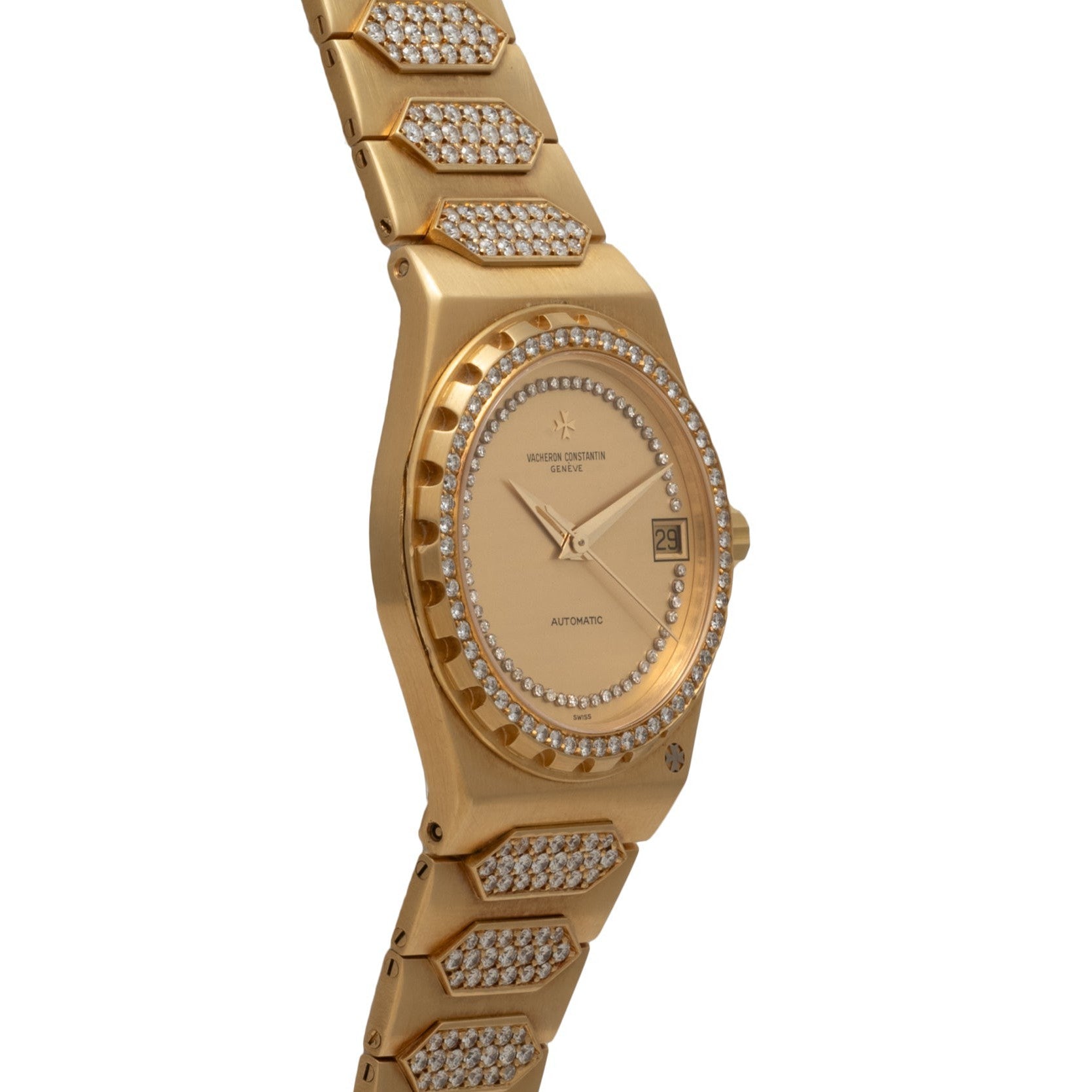 The Vacheron Constantin 222 gold wristwatch features diamond accents on the face and band, with a date display at 3 oclock.