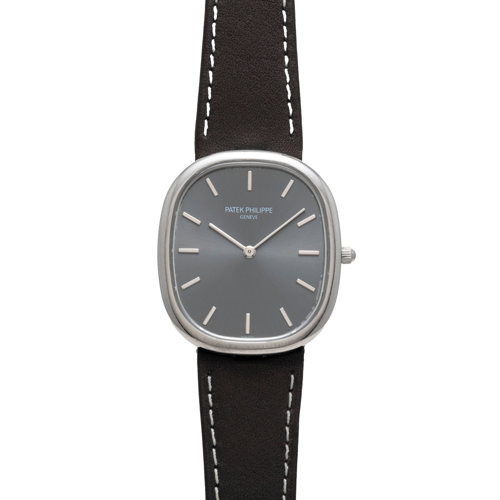 The Patek Philippe Ellipse features a gray dial, silver markers, and a black leather strap.
