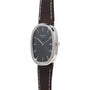 The Patek Philippe Ellipse is a sleek silver wristwatch featuring a dark face and a brown leather strap.