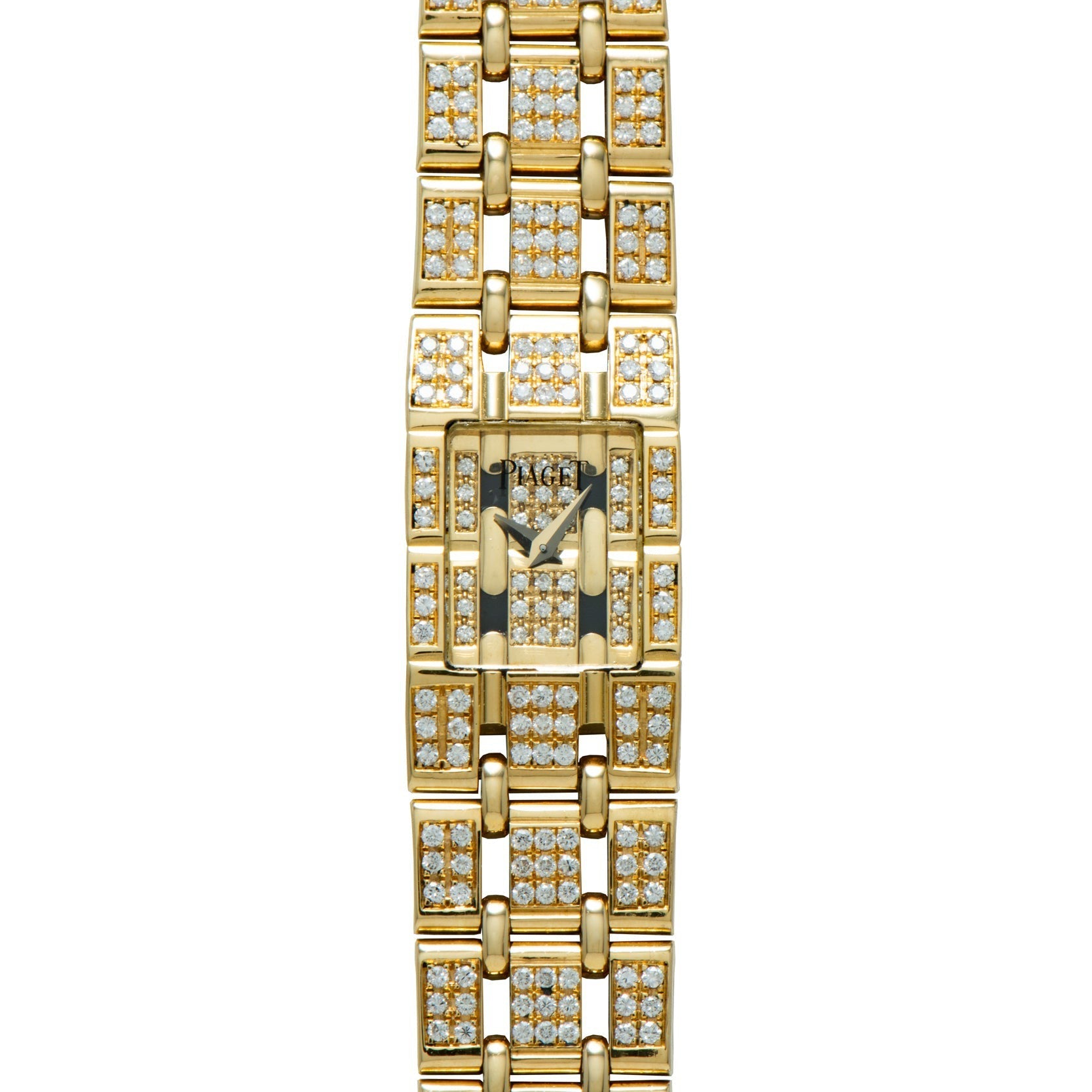 Piaget Polo Pave gold wristwatch with a rectangular face, diamond accents on the band and dial, shown from above.