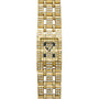 Piaget Polo Pave gold wristwatch with a rectangular face, diamond accents on the band and dial, shown from above.