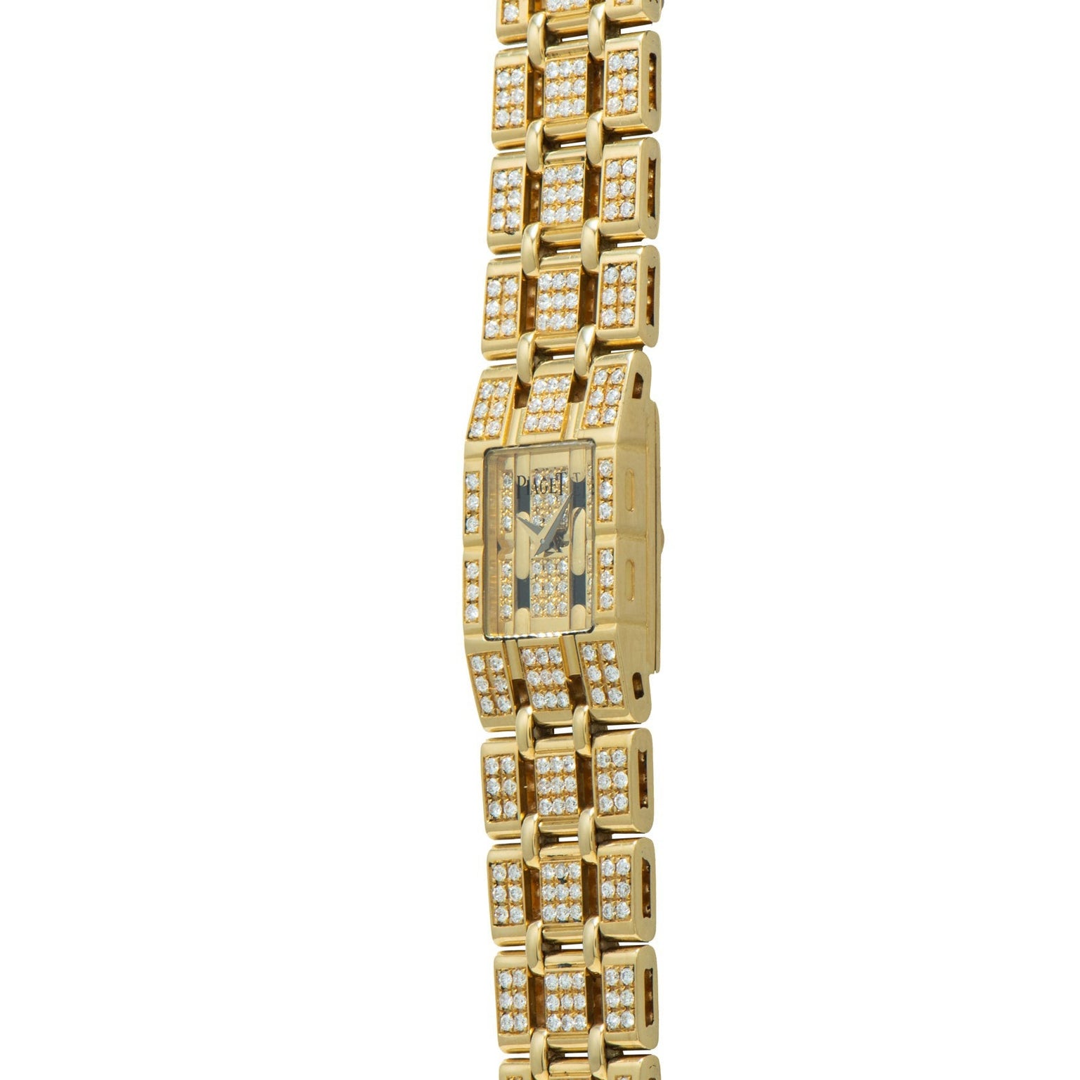 The Piaget Polo Pave is a gold wristwatch featuring a rectangular face and bracelet band, all encrusted with small diamonds.