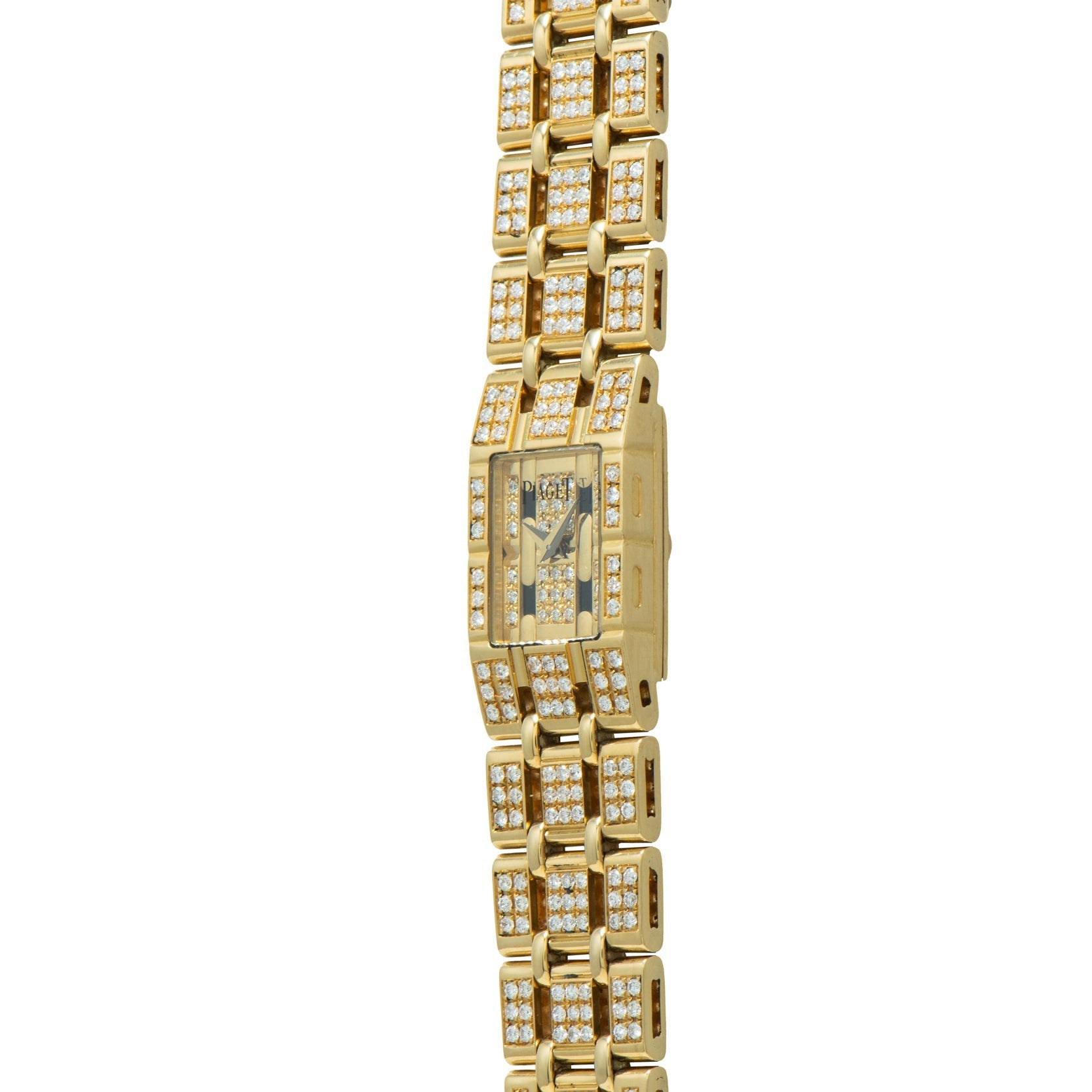 The Piaget Polo Pave is a gold wristwatch featuring a rectangular face and bracelet band, all encrusted with small diamonds.
