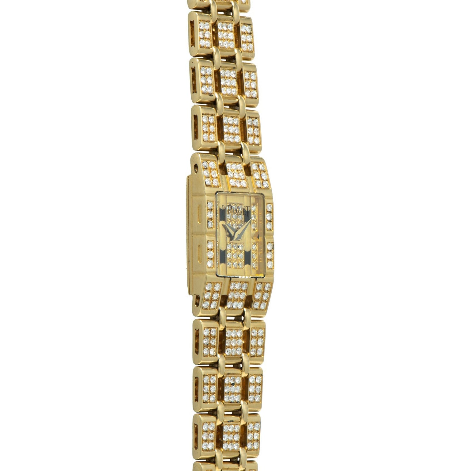 The Piaget Polo Pave gold wristwatch features a rectangular face with diamond accents on the band and around the dial, displayed against a white background.