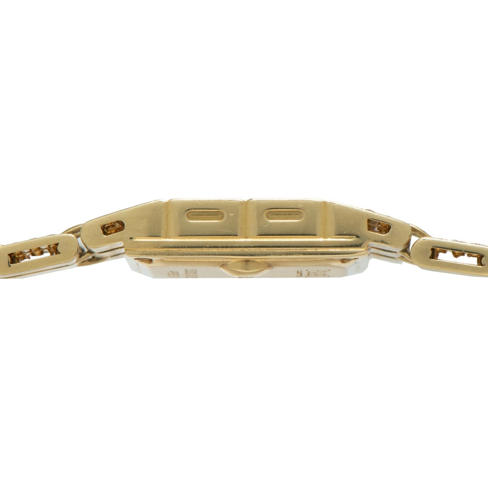 Side view of the Piaget Polo Pave gold metal watch band featuring a rectangular clasp at the center.