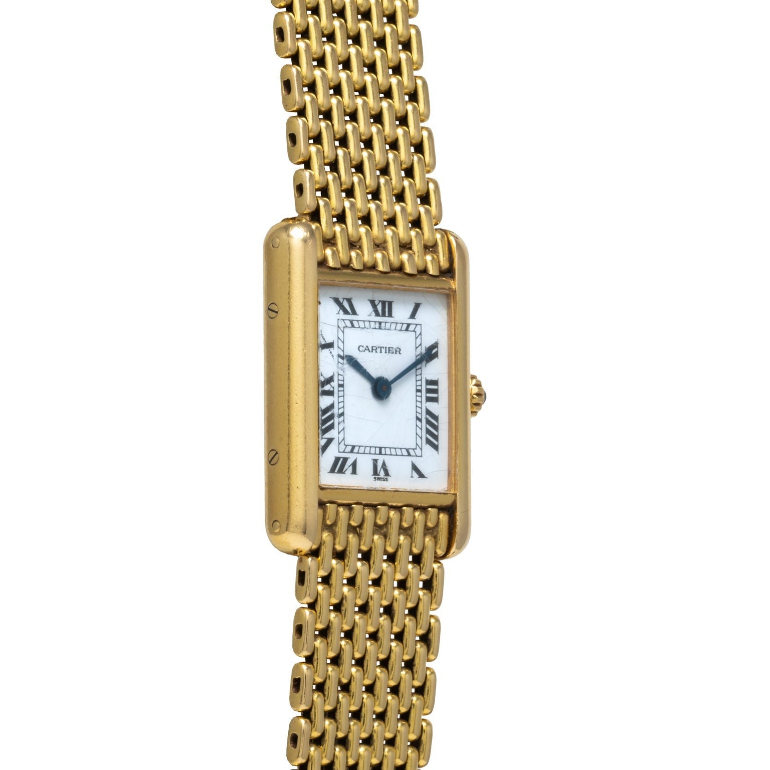 The Cartier Tank Louis is a gold wristwatch featuring a rectangular face, Roman numerals, and a gold link bracelet.