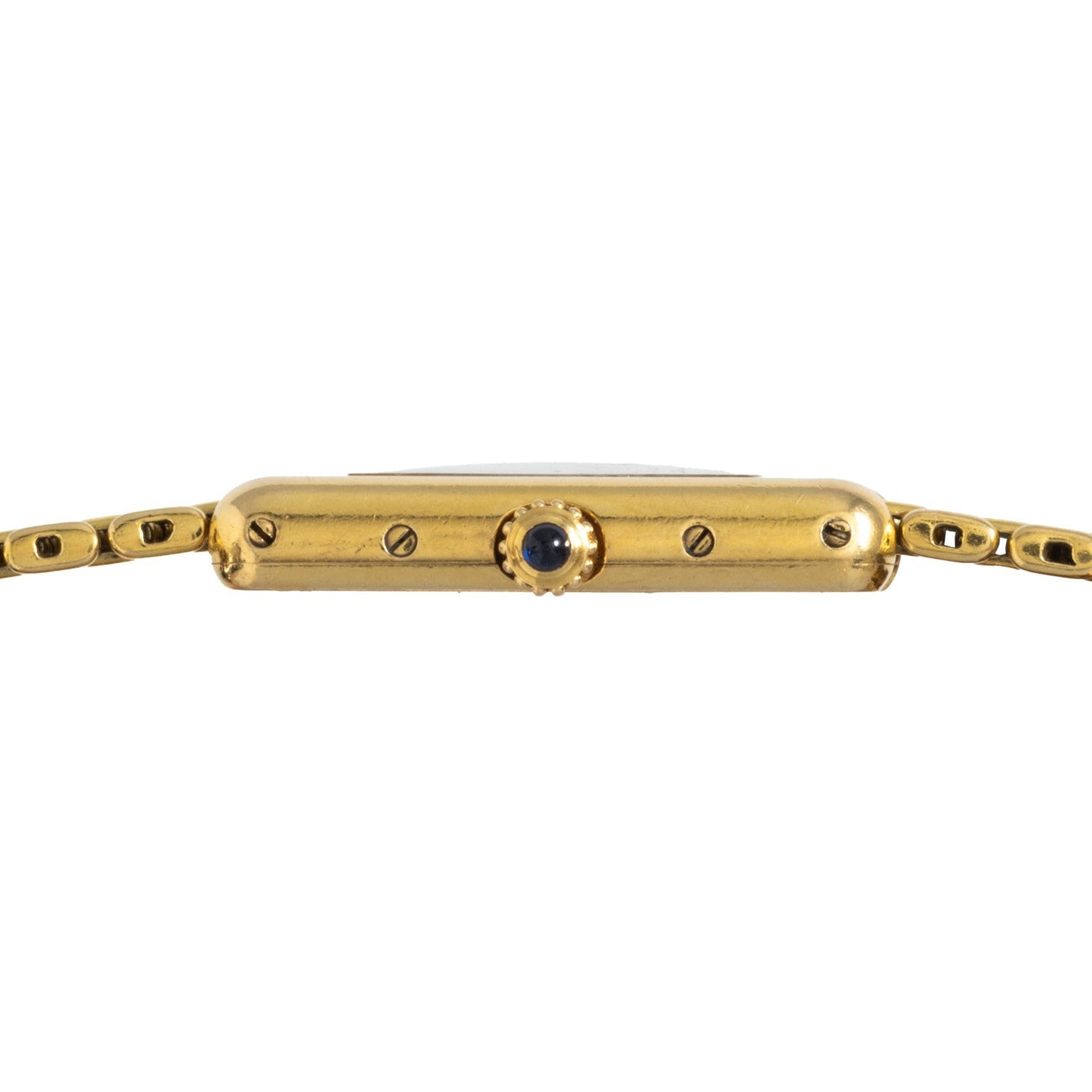 Side view of the Cartier Tank Louis, featuring a gold case with a round crown and a linked gold band.