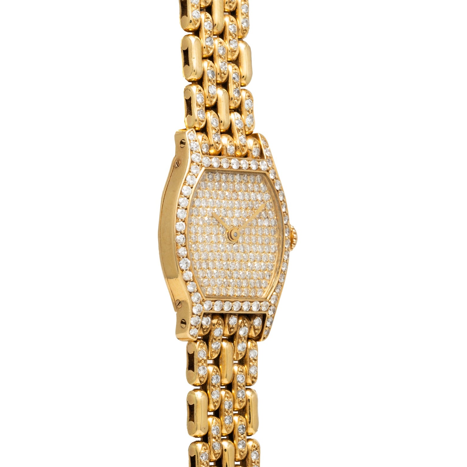 Cartier Tortue Diamond wristwatch with a diamond-encrusted face and band, shown at a slight angle on a white background.