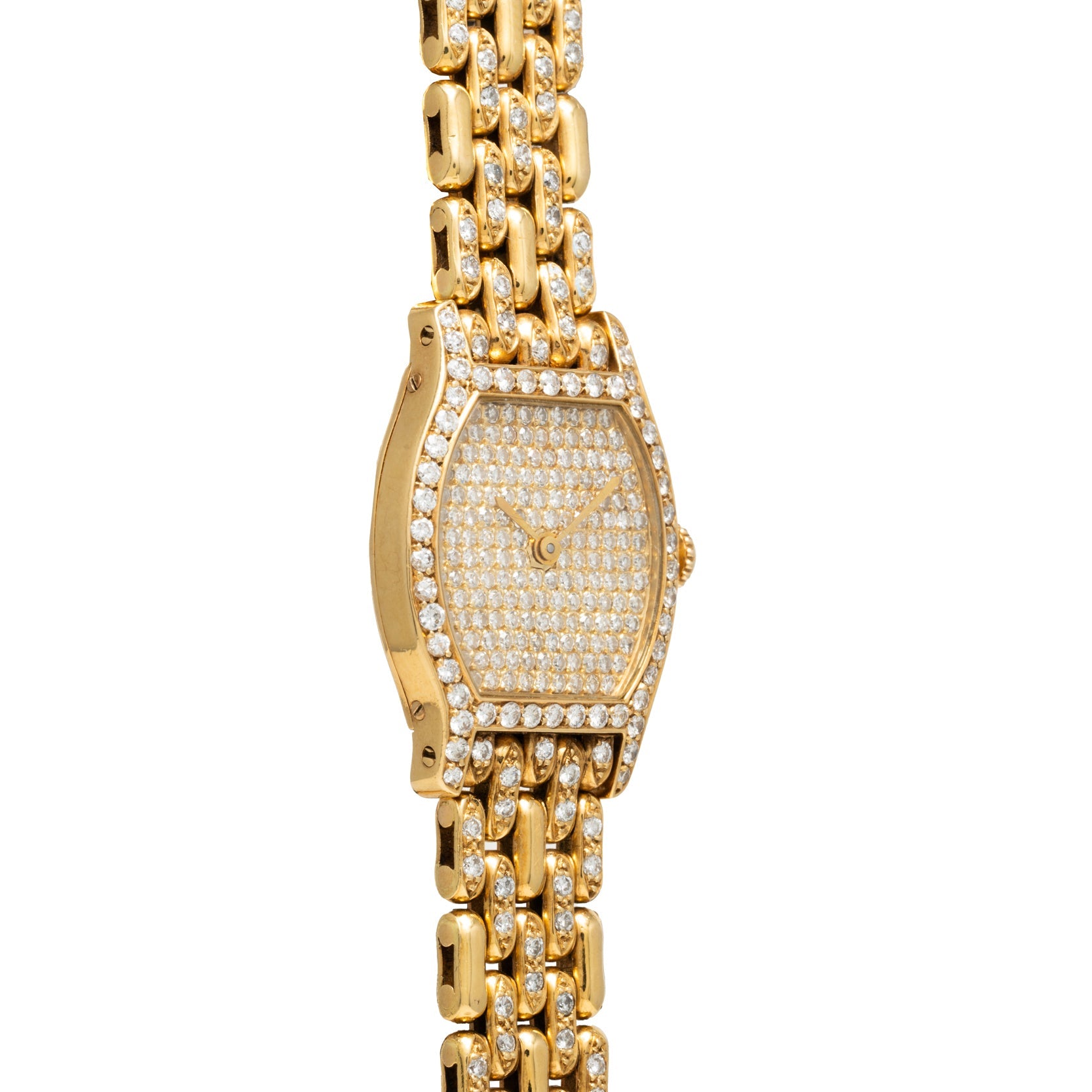 Cartier Tortue Diamond wristwatch with a diamond-encrusted face and band, shown at a slight angle on a white background.