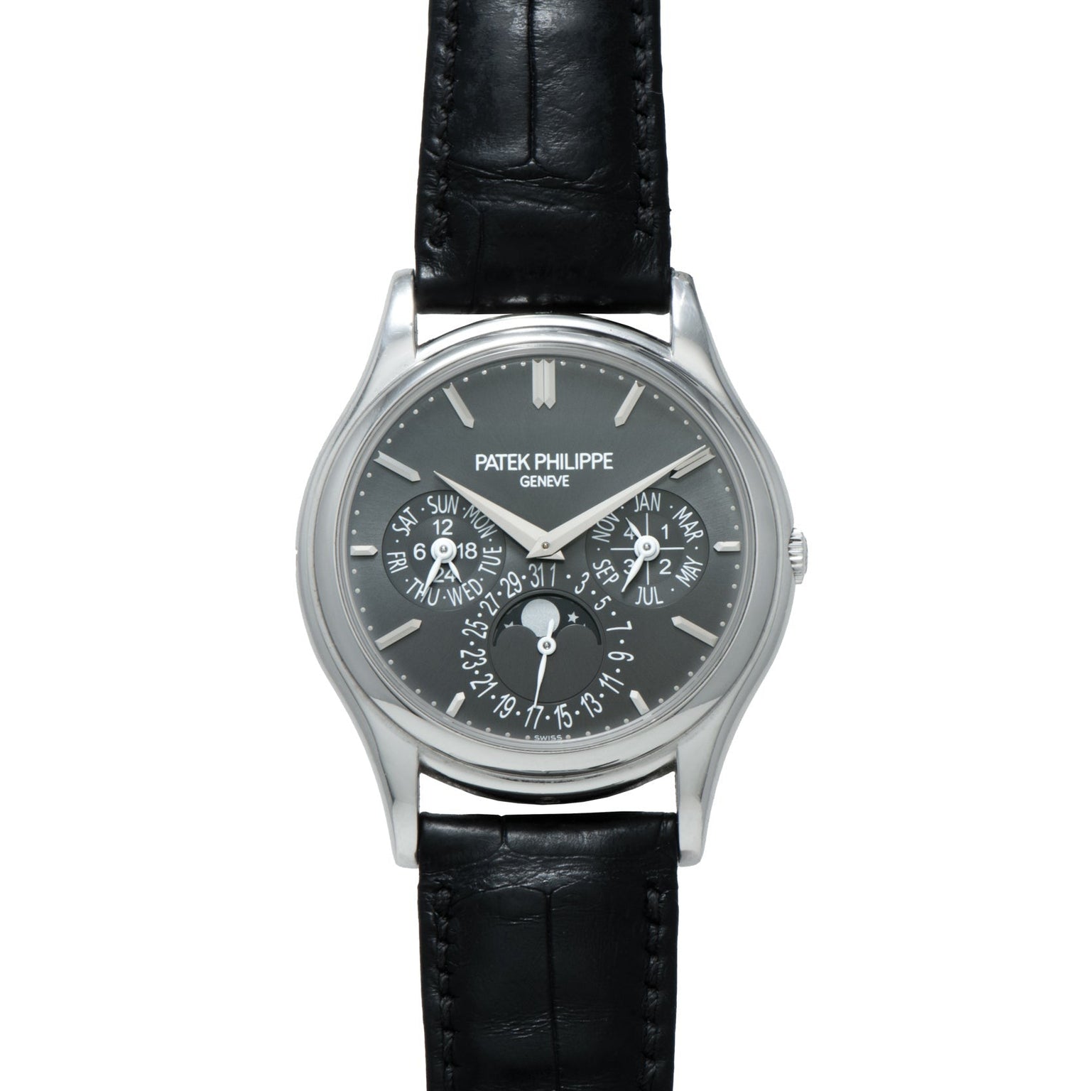 A Patek Philippe Perpetual Calendar wristwatch with a black leather strap and a black dial featuring multiple subdials.