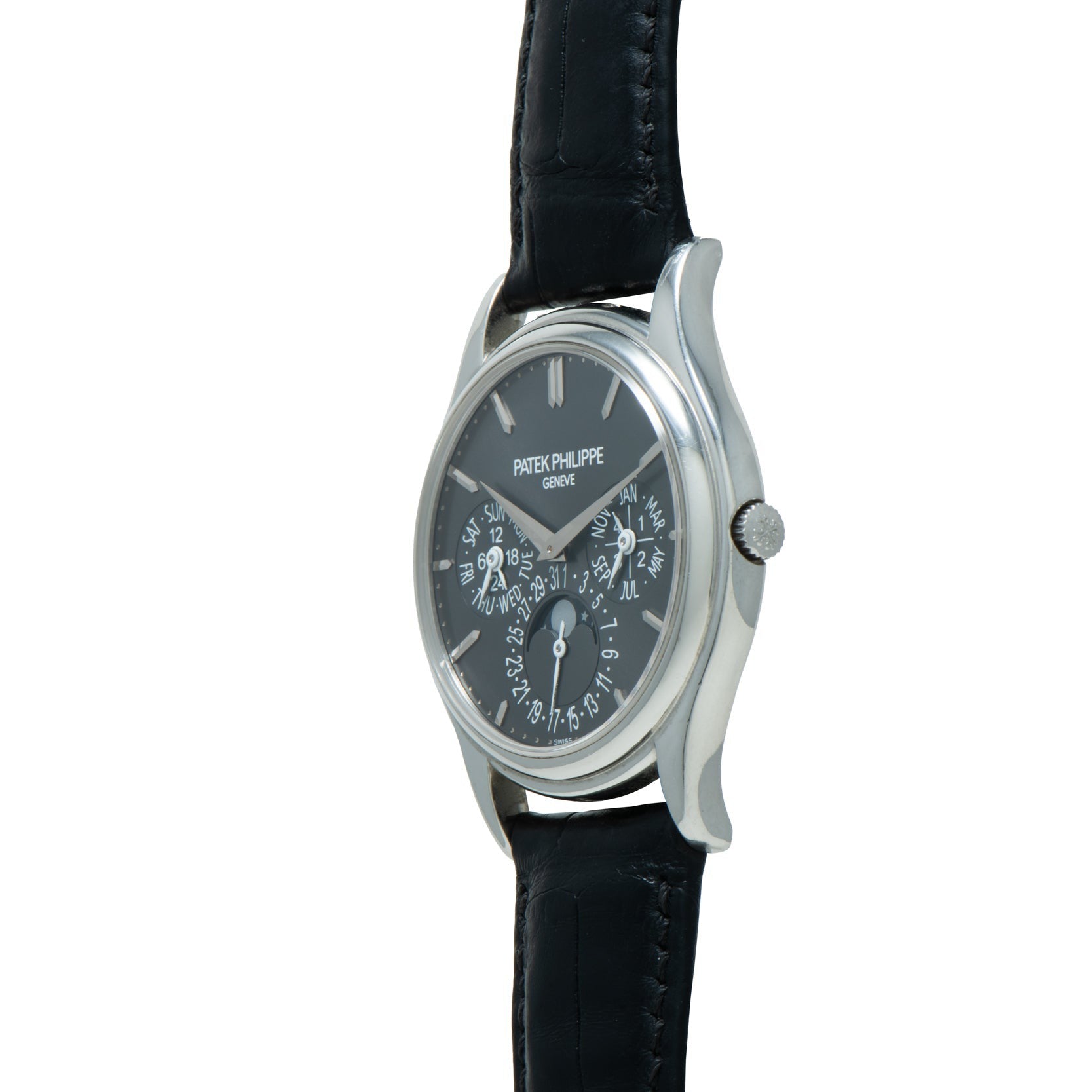 Side view of the Patek Philippe Perpetual Calendar wristwatch, featuring a black leather strap and a dark dial with multiple subdials.