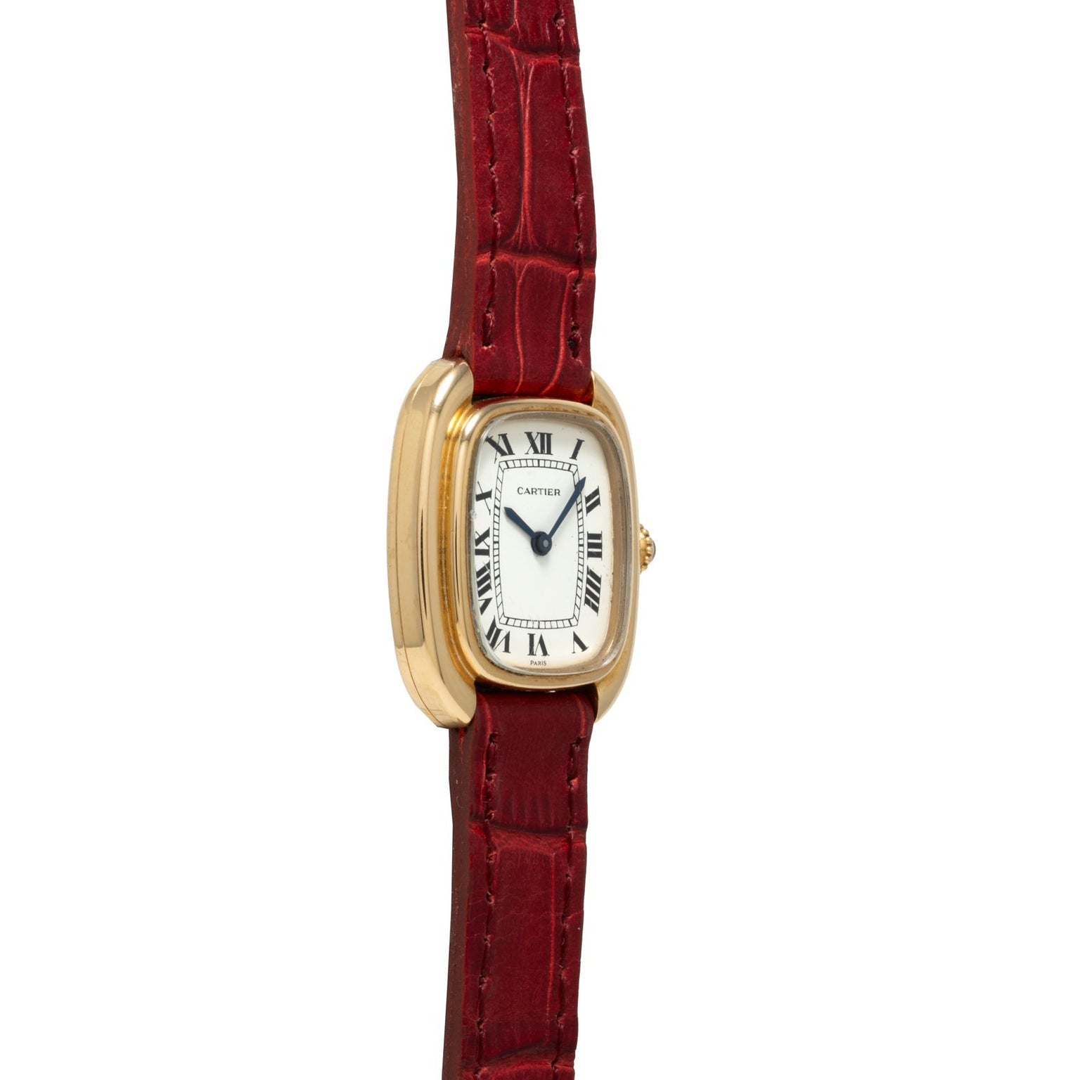 Gold Cartier Gondole Ladies wristwatch with a white face, Roman numerals, and a textured red leather strap.