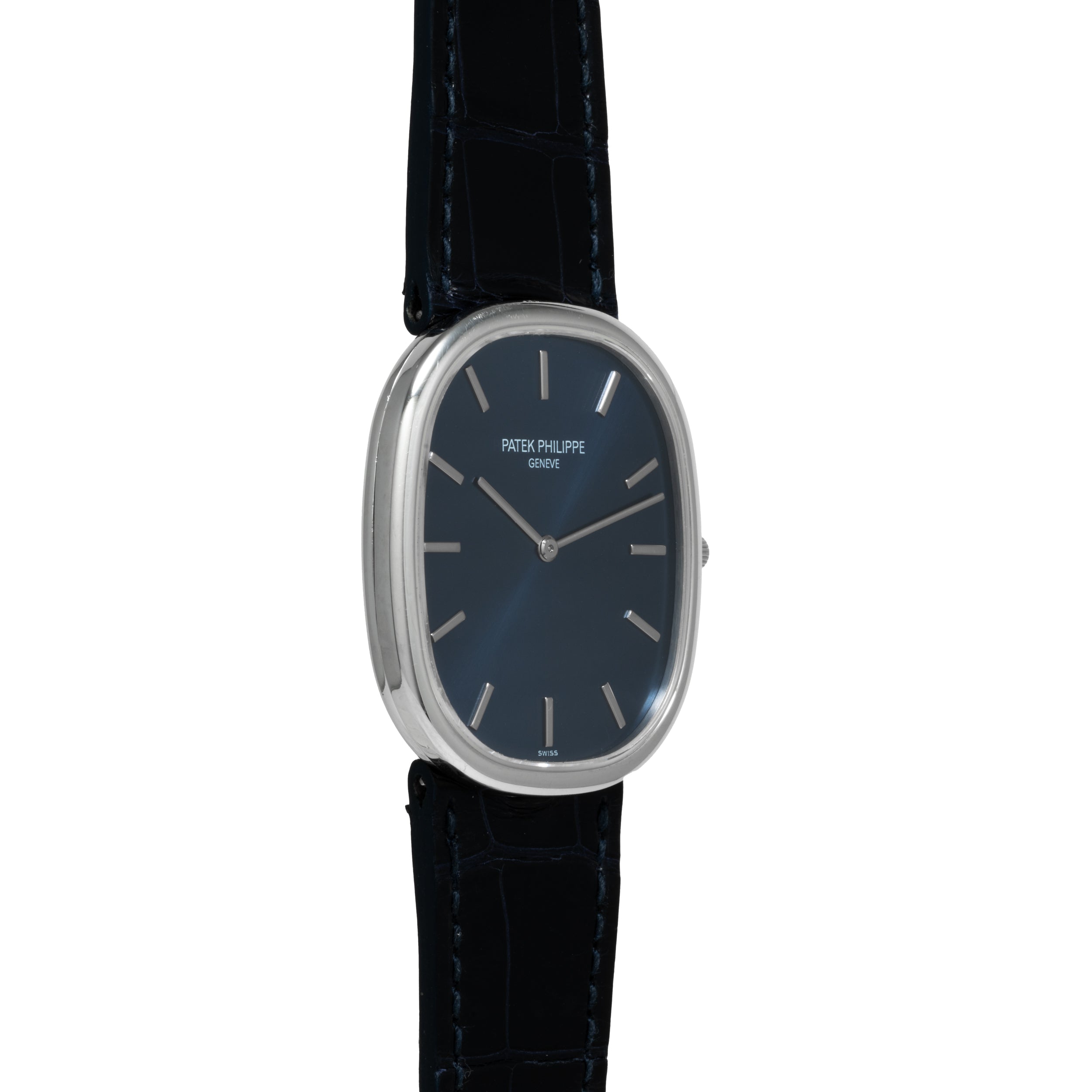 A Patek Philippe Ellipse Jumbo watch featuring a blue oval face, silver markers, and a black leather strap.