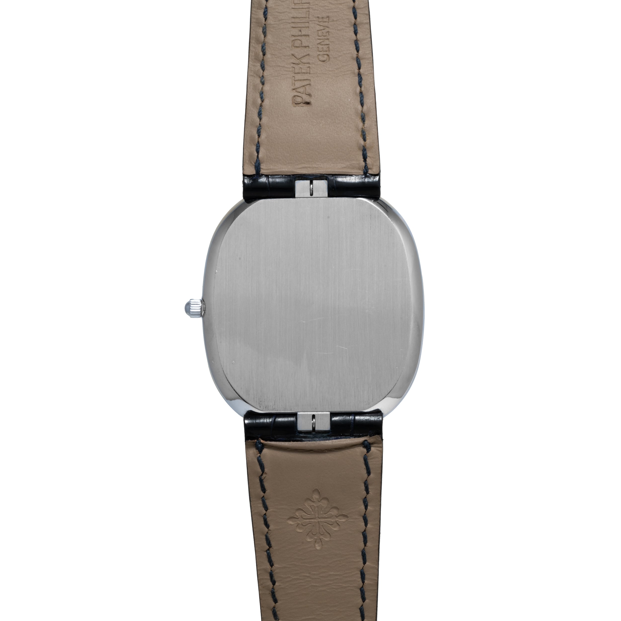 The Patek Philippe Ellipse Jumbo wristwatch features a plain silver case back and a brown leather strap, shown from the back.