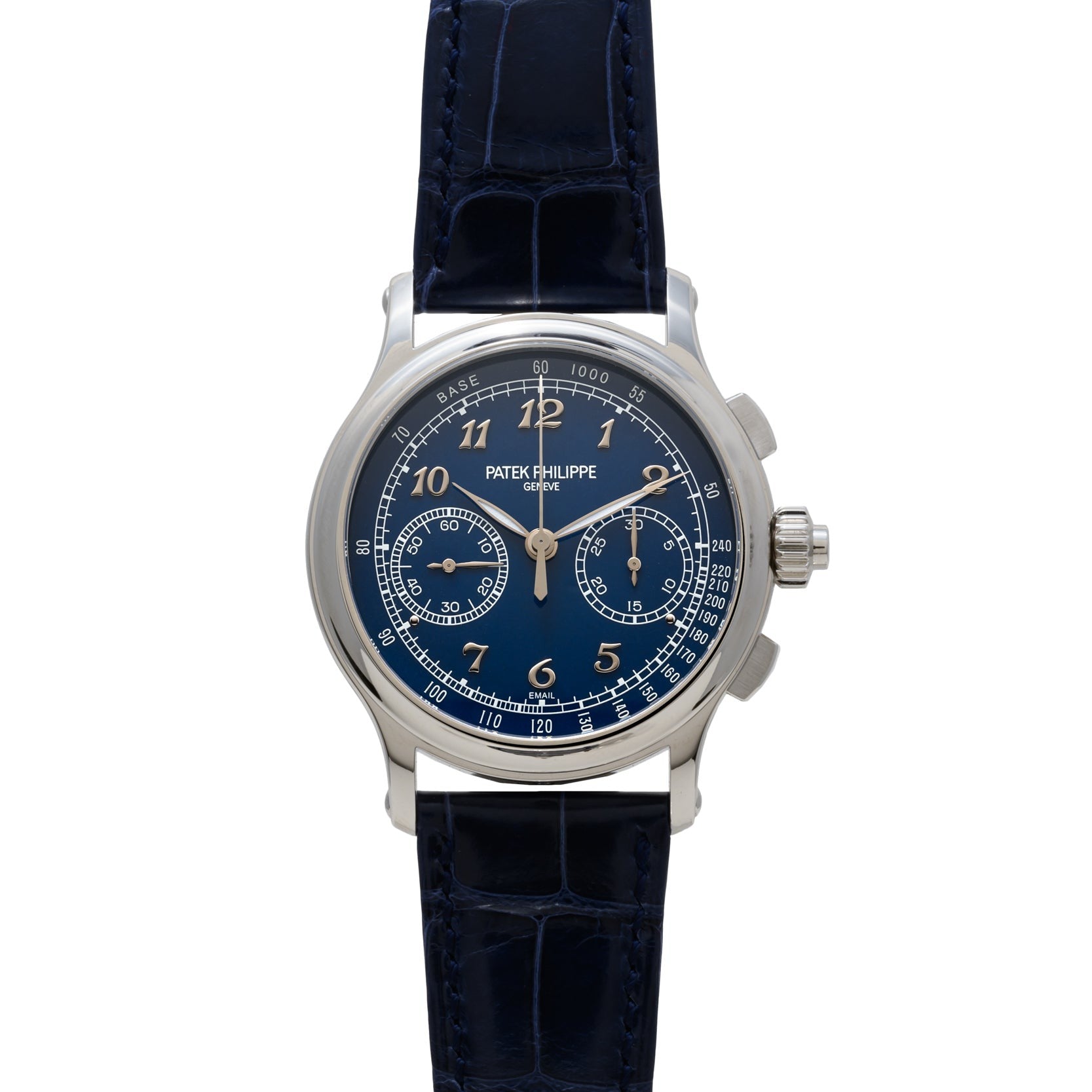 The Patek Philippe Split-Seconds Chronograph wristwatch features a blue dial, leather strap, and silver accents.