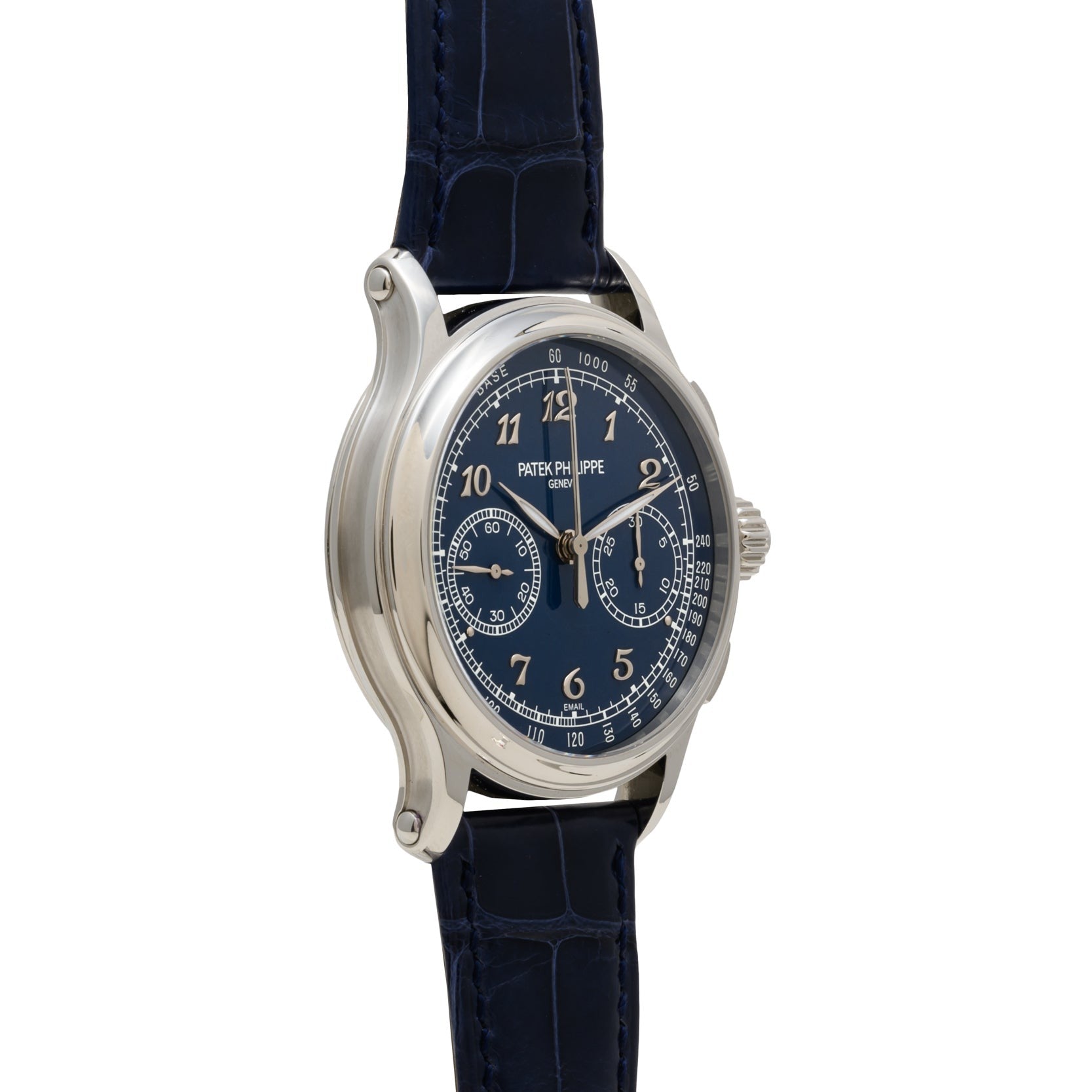 A Patek Philippe Split-Seconds Chronograph with a blue dial and leather strap, displayed at an angle on a white background.
