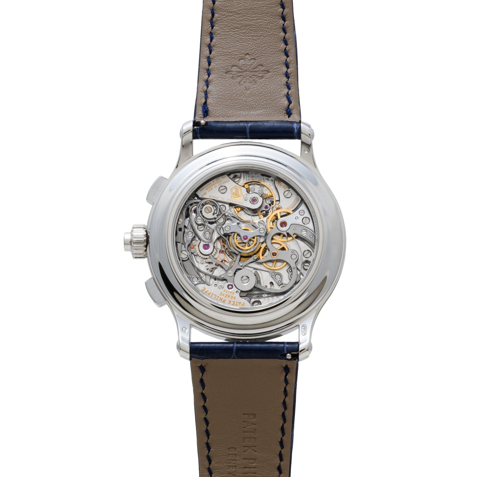 Back view of the Patek Philippe Split-Seconds Chronograph reveals its intricate mechanical movement and elegant leather strap.