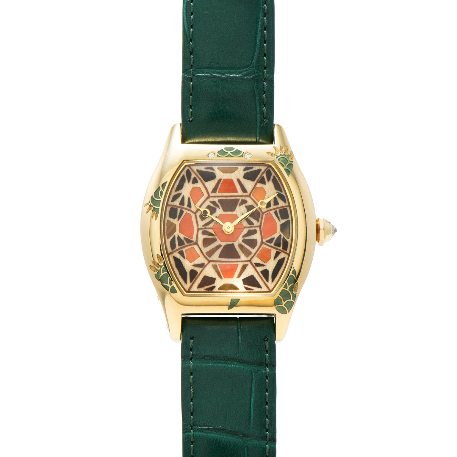The Cartier Tortue XL Turtle Limited Edition features a gold case, green leather strap, and a geometric mosaic-patterned dial in brown, black, and beige tones.