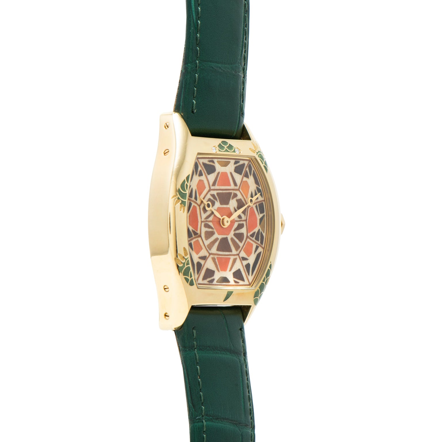 Cartier Tortue XL Turtle Limited Edition gold wristwatch with a green leather band and turtle shell pattern on the face and sides.