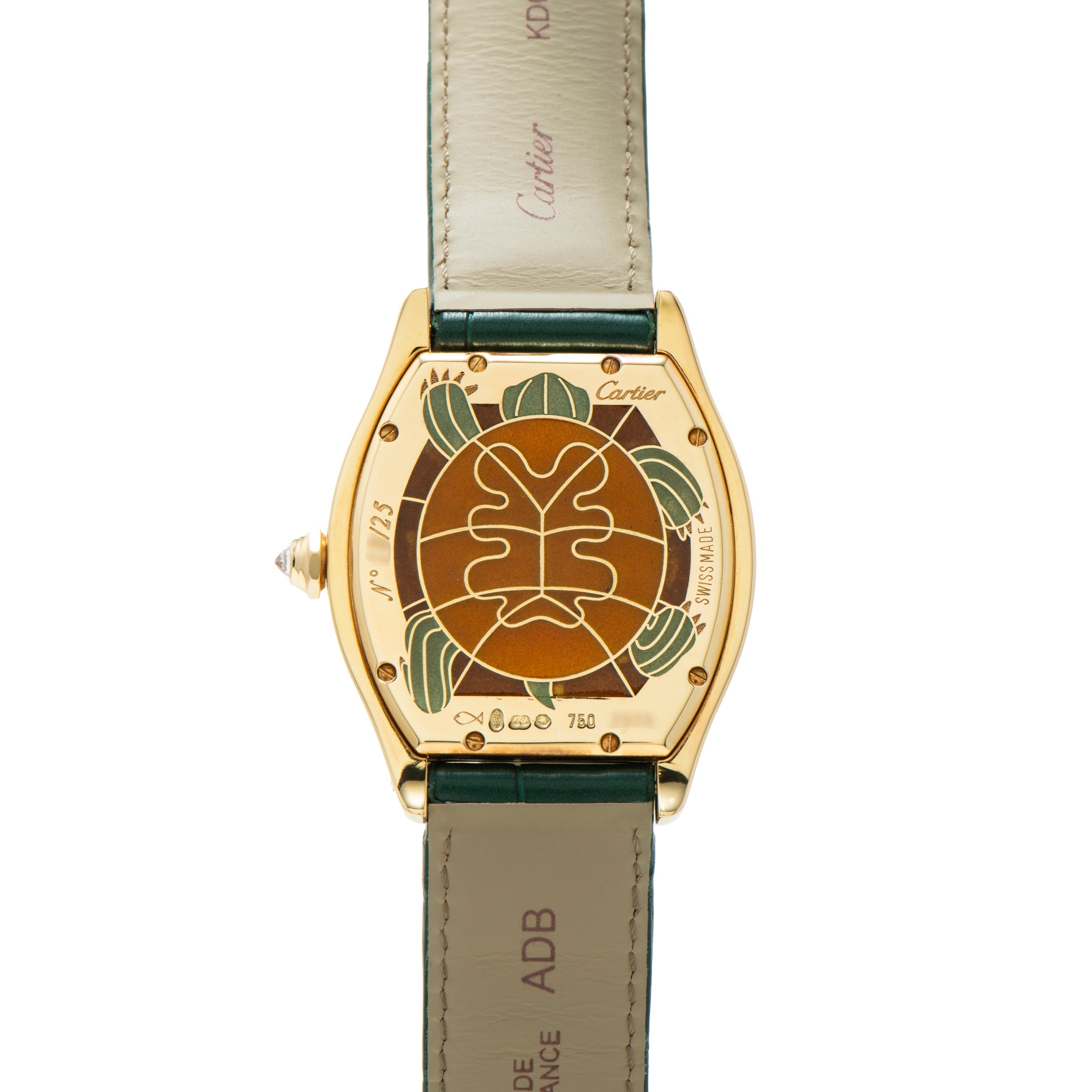 Cartier Tortue XL Turtle Limited Edition watch featuring a leaf motif and green leather strap, shown from the back to highlight its detailed engravings.