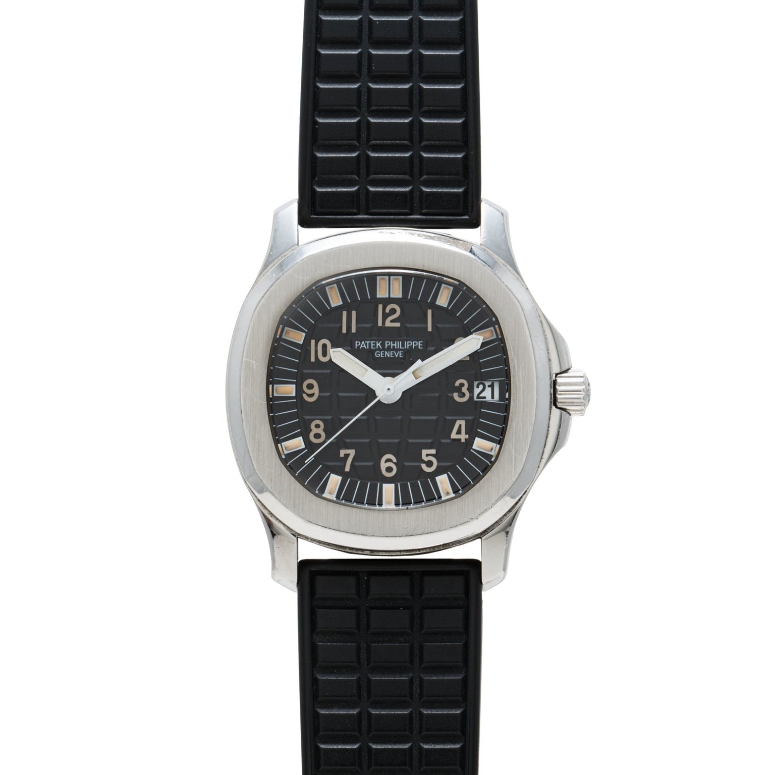 A Patek Philippe Aquanaut wristwatch featuring a black dial, black rubber strap, and date display.