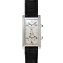 The Cartier Tank Cintrée CPCP Dual-Time features a rectangular case, dual dials, black leather strap, and a white face with Roman and Chinese numerals.