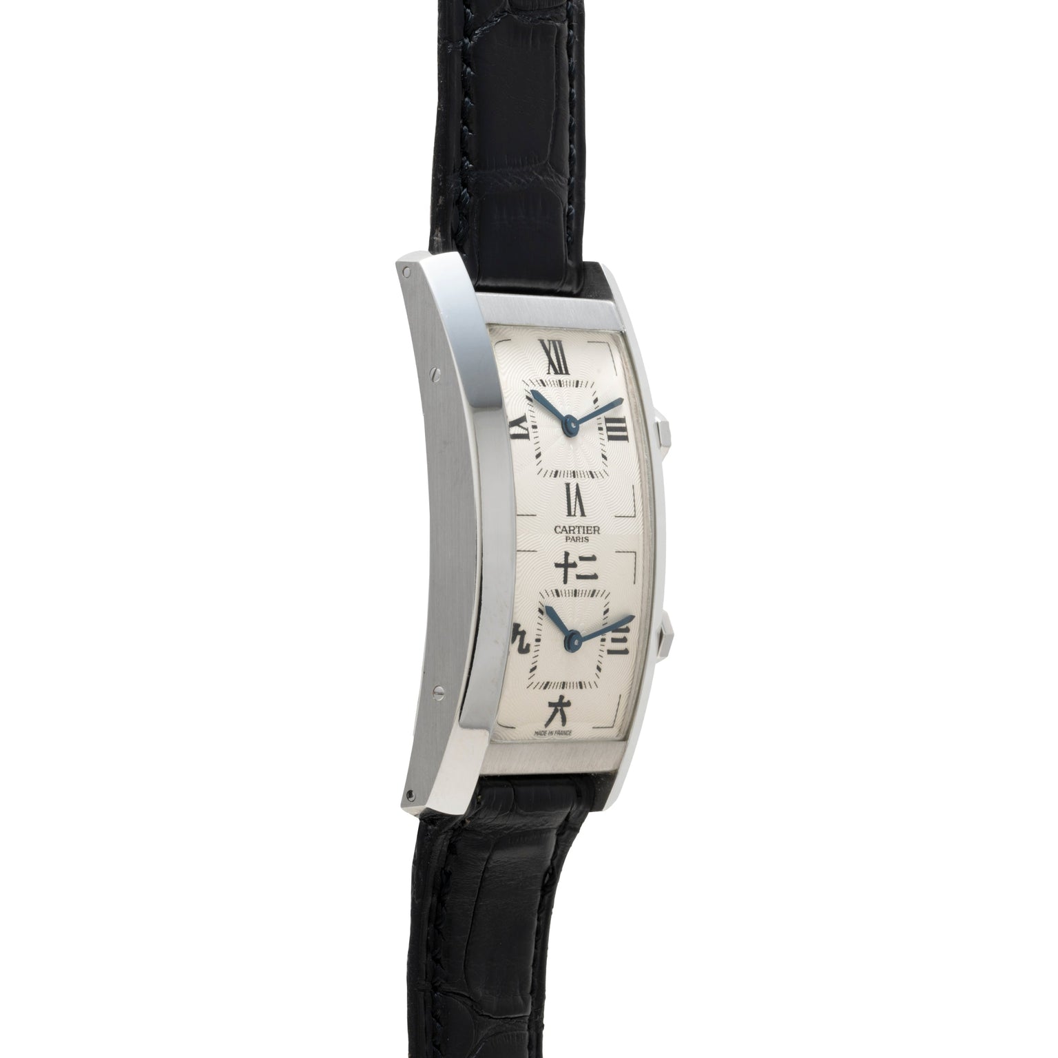 Side view of the Cartier Tank Cintrée CPCP Dual-Time—a rectangular silver wristwatch with a white face, black strap, and Roman numeral markers.