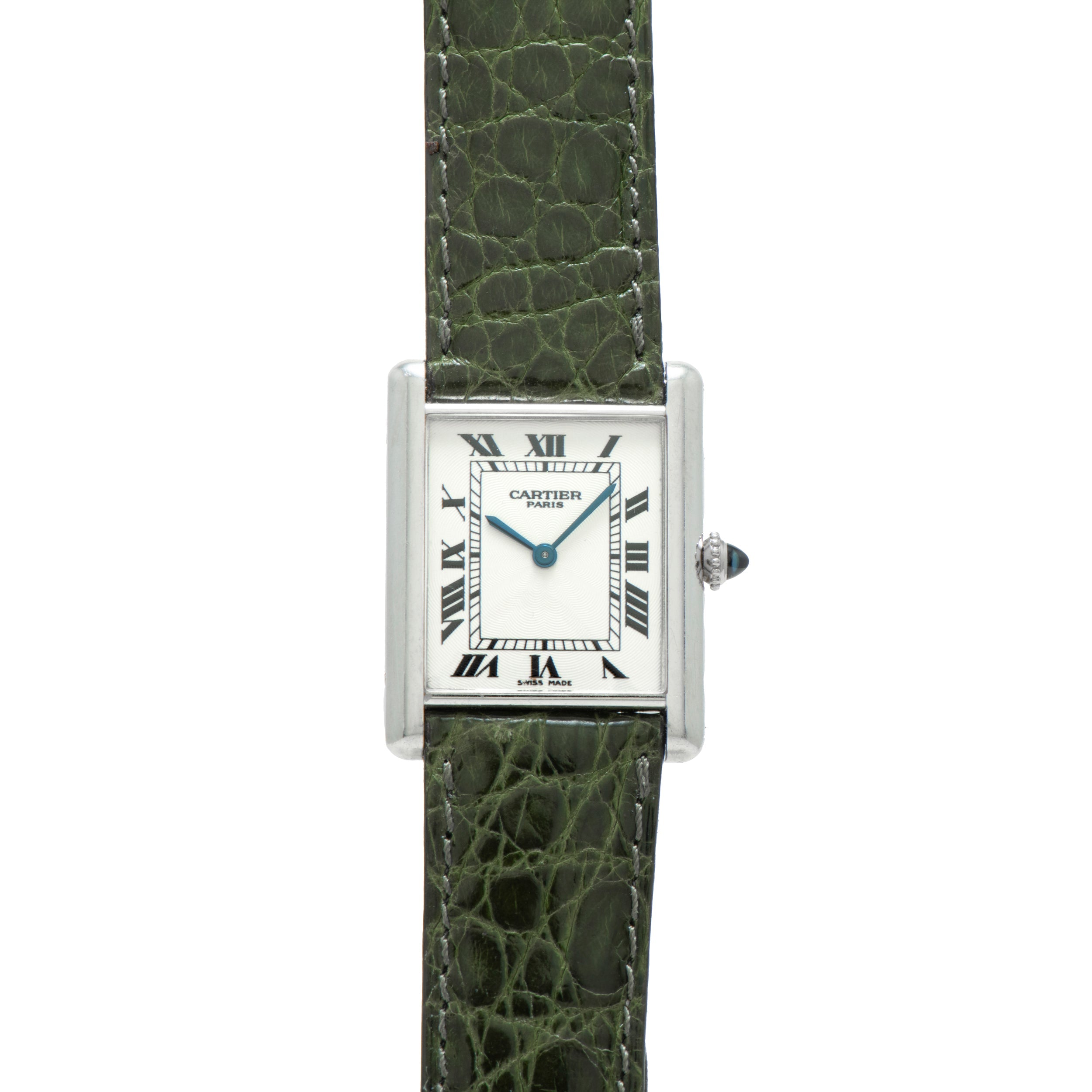 The Cartier Tank Louis CPCP watch features a green leather strap and a square white dial with Roman numeral hour markers.