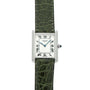 The Cartier Tank Louis CPCP watch features a green leather strap and a square white dial with Roman numeral hour markers.