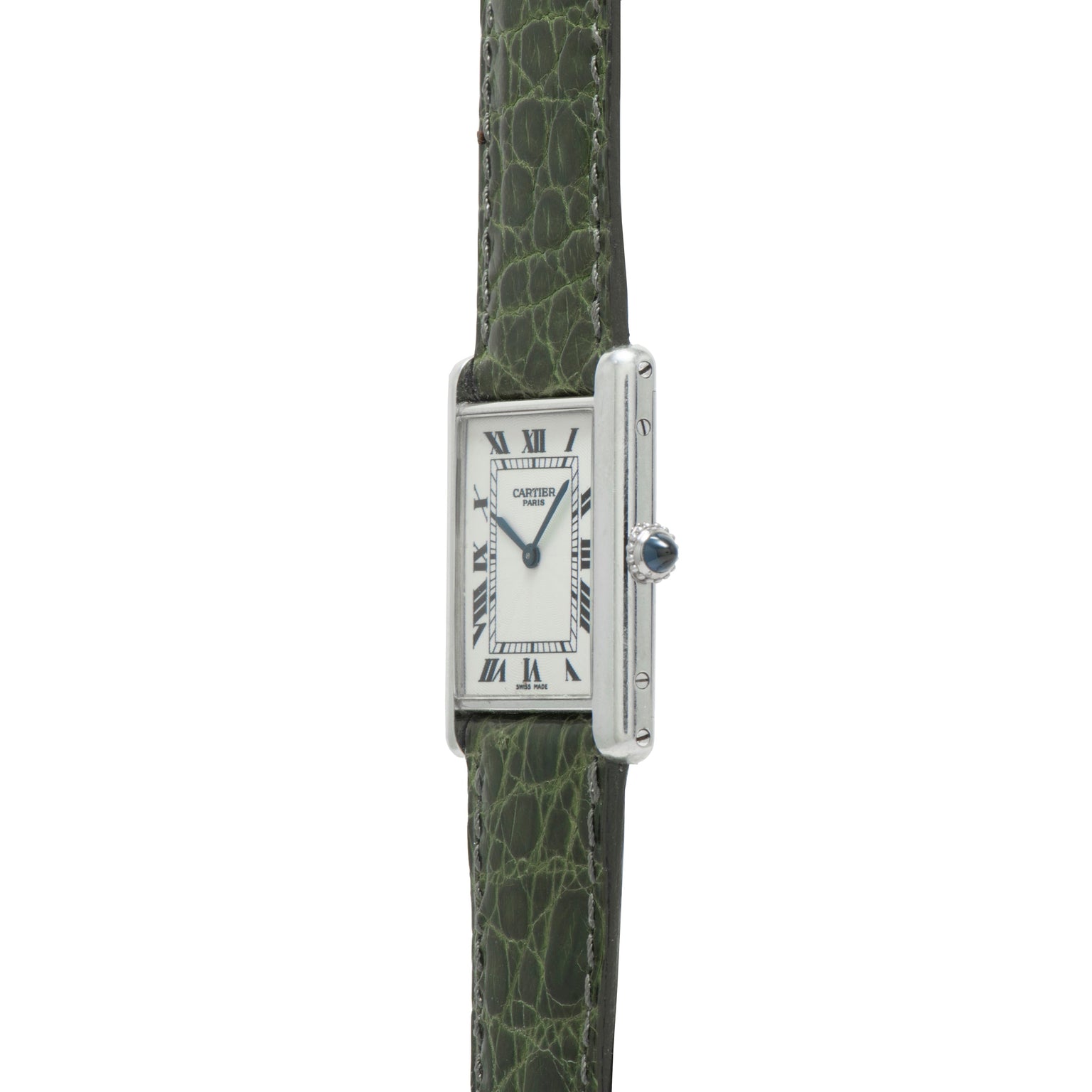 The Cartier Tank Louis CPCP is a rectangular watch featuring a green leather strap and Roman numerals on its white dial.