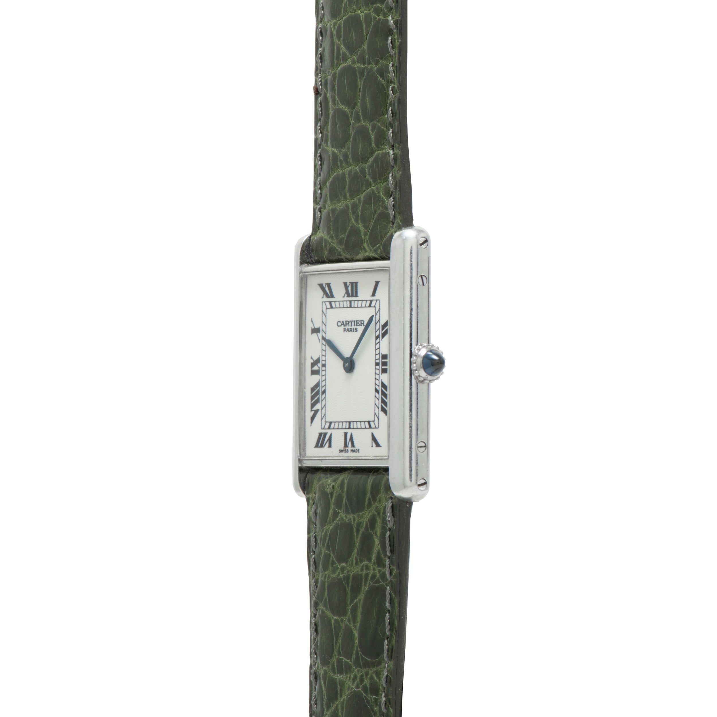 The Cartier Tank Louis CPCP is a rectangular watch featuring a green leather strap and Roman numerals on its white dial.