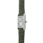 The Cartier Tank Louis CPCP is a rectangular watch featuring a green leather strap and Roman numerals on its white dial.