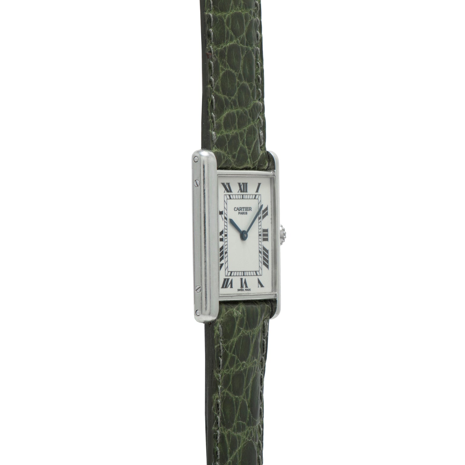 A Cartier Tank Louis CPCP silver rectangular wristwatch with a green leather strap and Roman numeral dial markers.