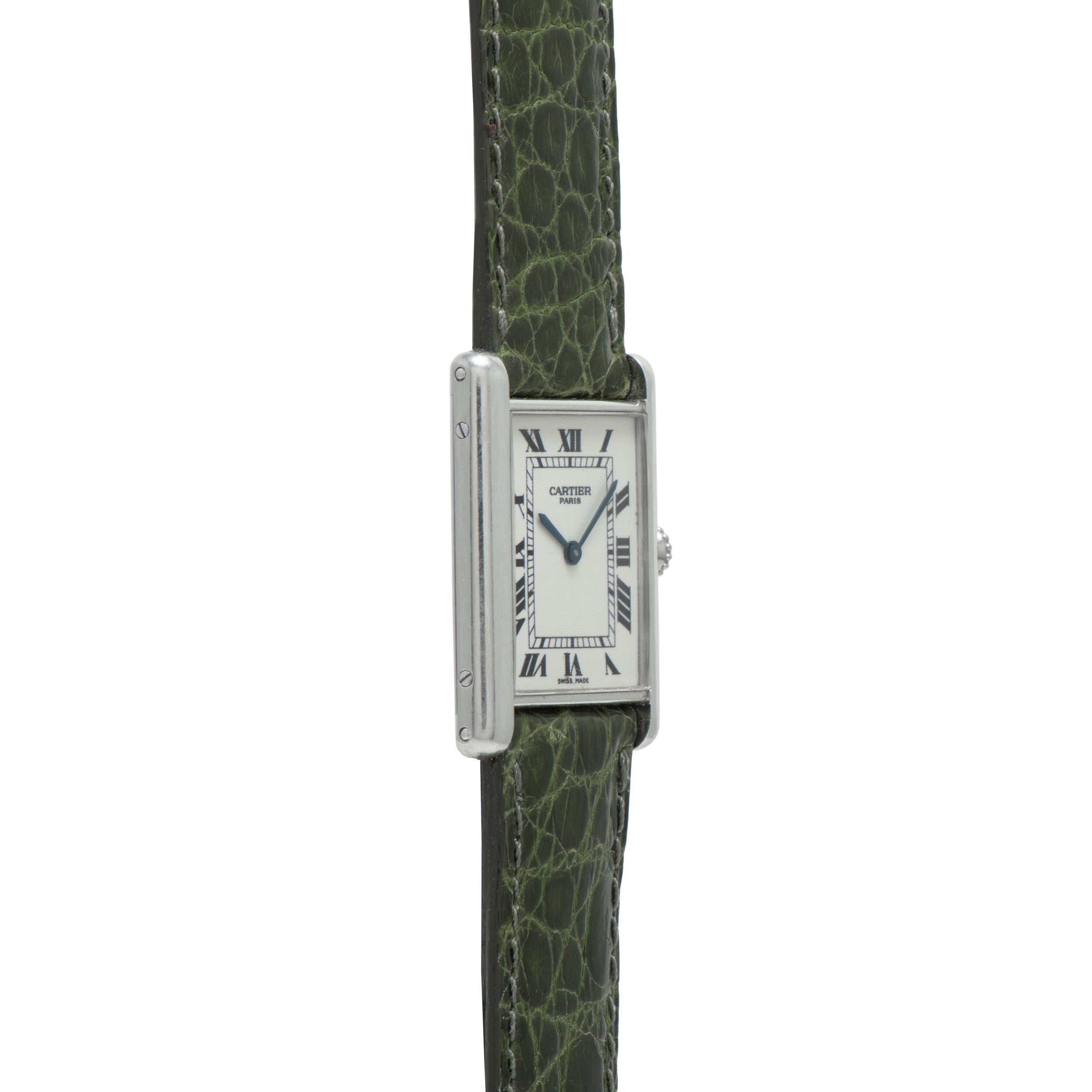 A Cartier Tank Louis CPCP silver rectangular wristwatch with a green leather strap and Roman numeral dial markers.