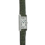 A Cartier Tank Louis CPCP silver rectangular wristwatch with a green leather strap and Roman numeral dial markers.