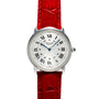 Cartier Ronde Louis CPCP watch with Roman numerals and a red leather strap, photographed on a white background.