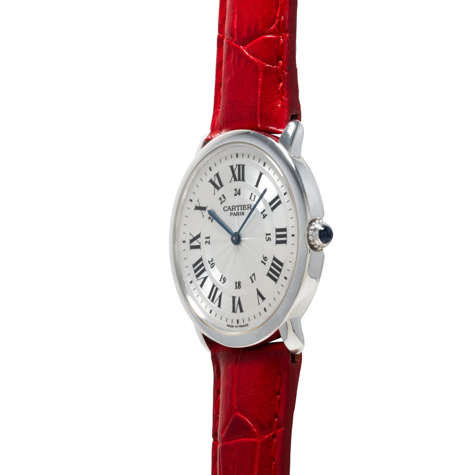 Cartier Ronde Louis CPCP watch featuring a white face, Roman numerals, and a red leather strap.