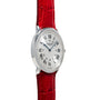 The Cartier Ronde Louis CPCP is a silver round watch with Roman numerals and a red leather strap, displayed on a white background.
