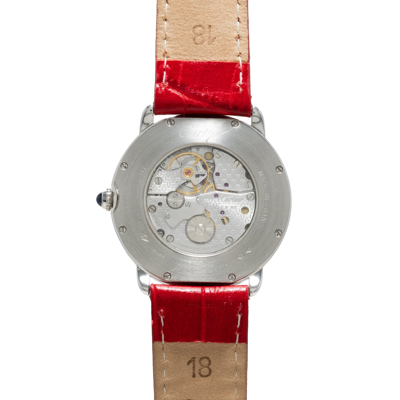 Back of the Cartier Ronde Louis CPCP wristwatch, featuring visible gears, a red leather strap, and the numbers 18 and 16 displayed on the band.