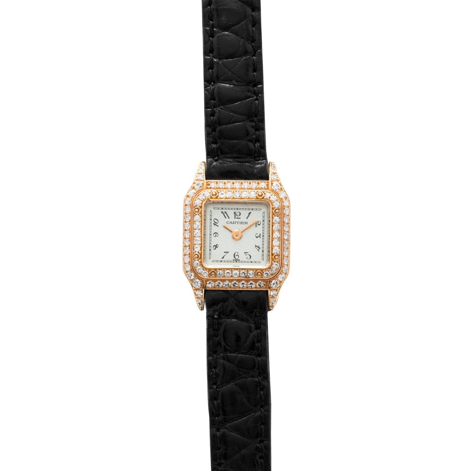 A Cartier Panthère square gold watch with a diamond bezel and black leather strap displayed on a white background.
