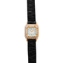 A Cartier Panthère square gold watch with a diamond bezel and black leather strap displayed on a white background.