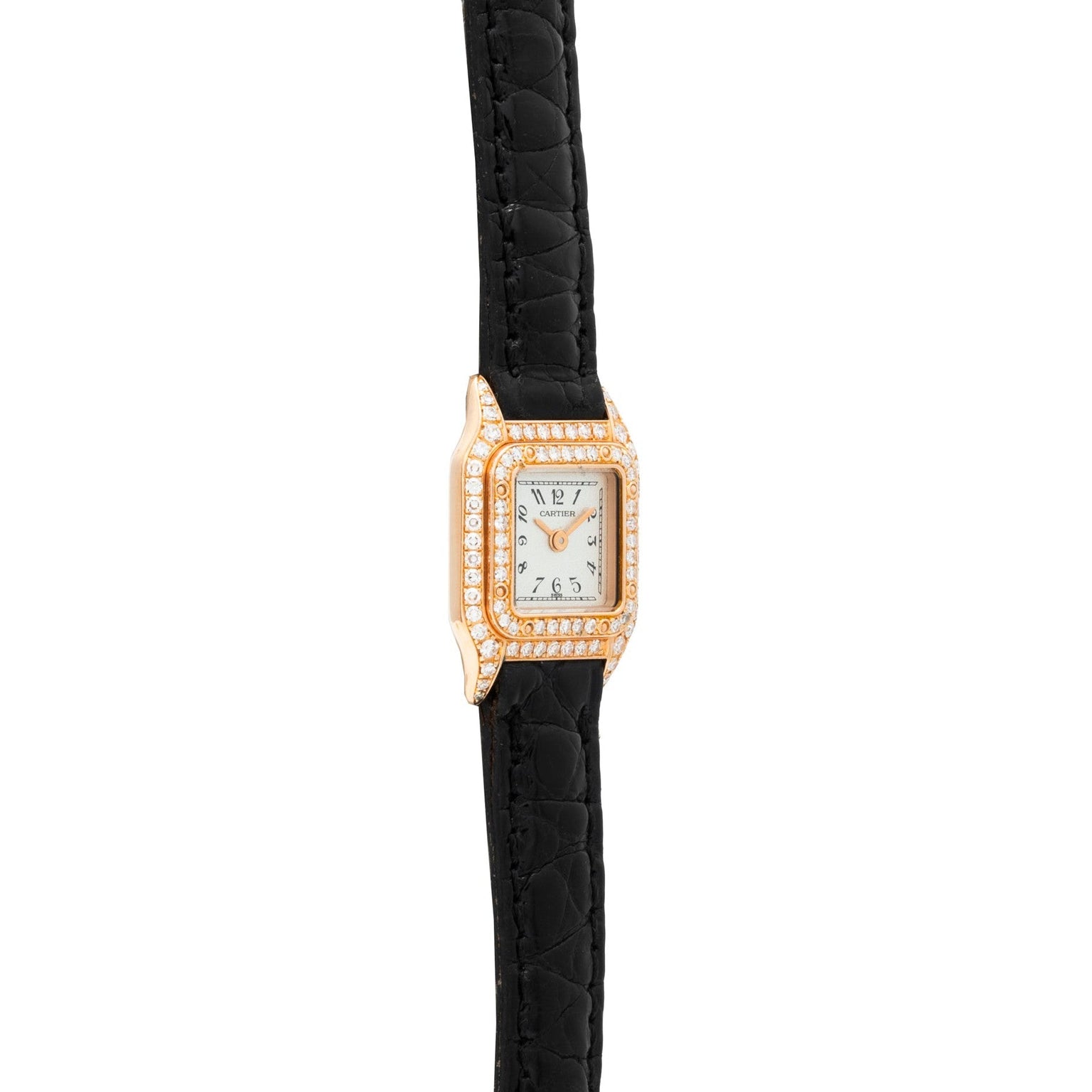 The Cartier Panthère is a gold watch with a diamond bezel and black leather strap, featuring a square white dial and Roman numerals.